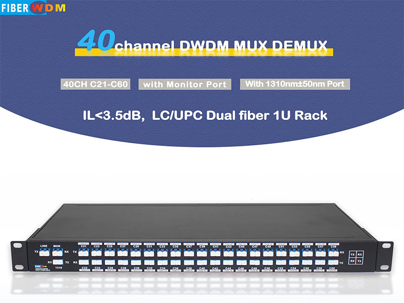 DWDM MUX DEMUX 40 canais C21-C60 dupla fibra LC/UPC 1U rack

